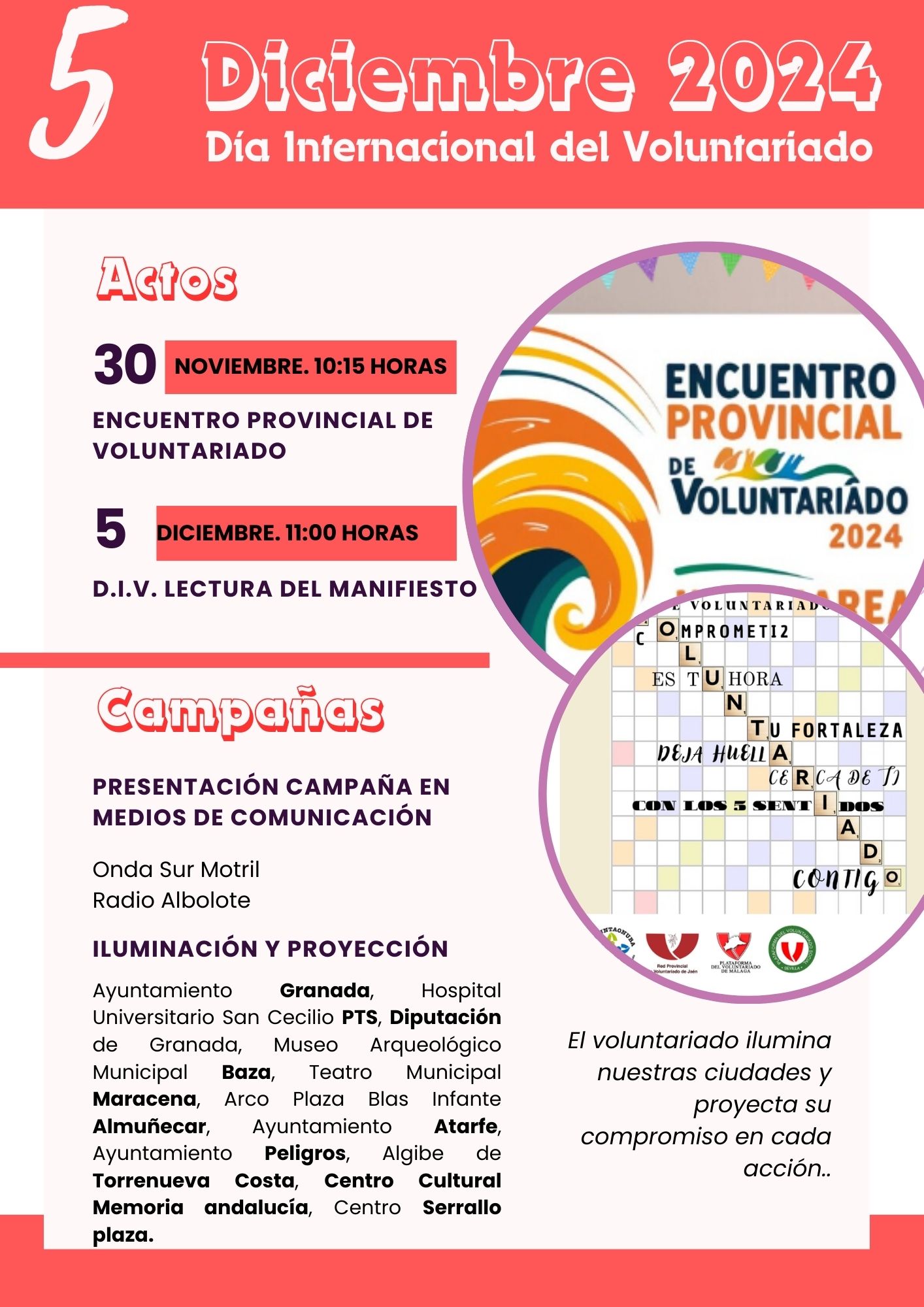 La Plataforma de Voluntariado de Granada presenta el encuentro provincial de voluntariado 2024 enmarcado en las acciones por el día internacional del volutariado